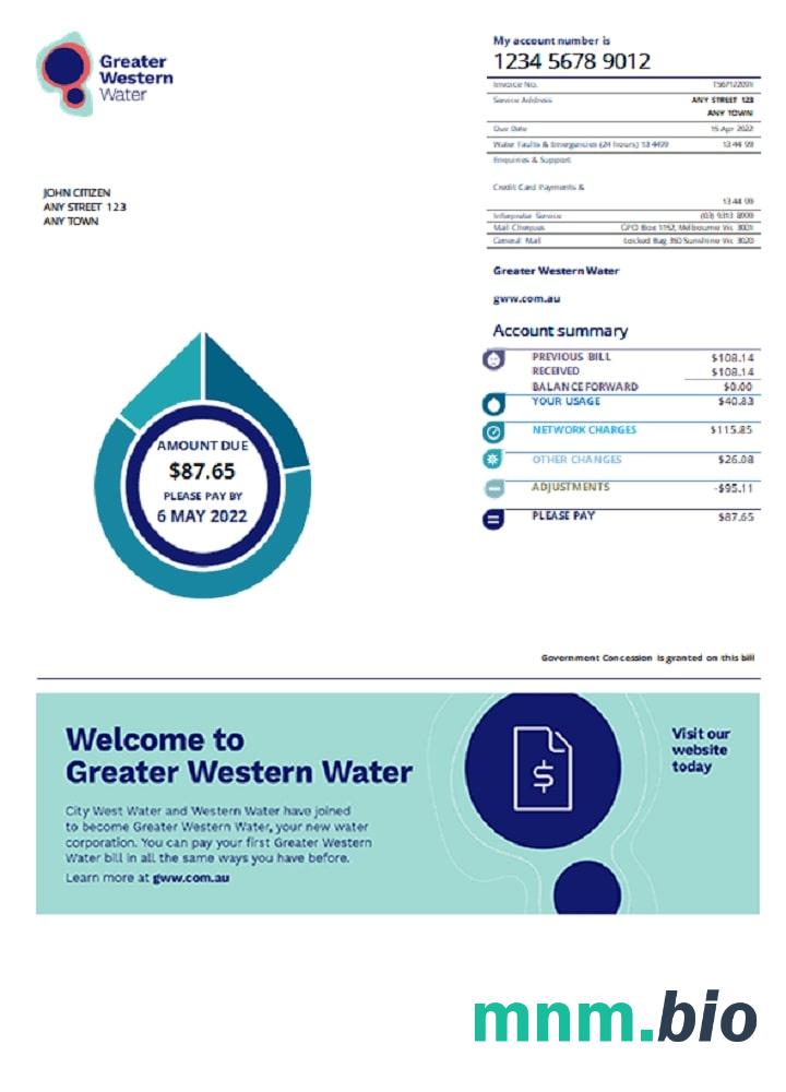 Australia Greater Western Water rachunek za media